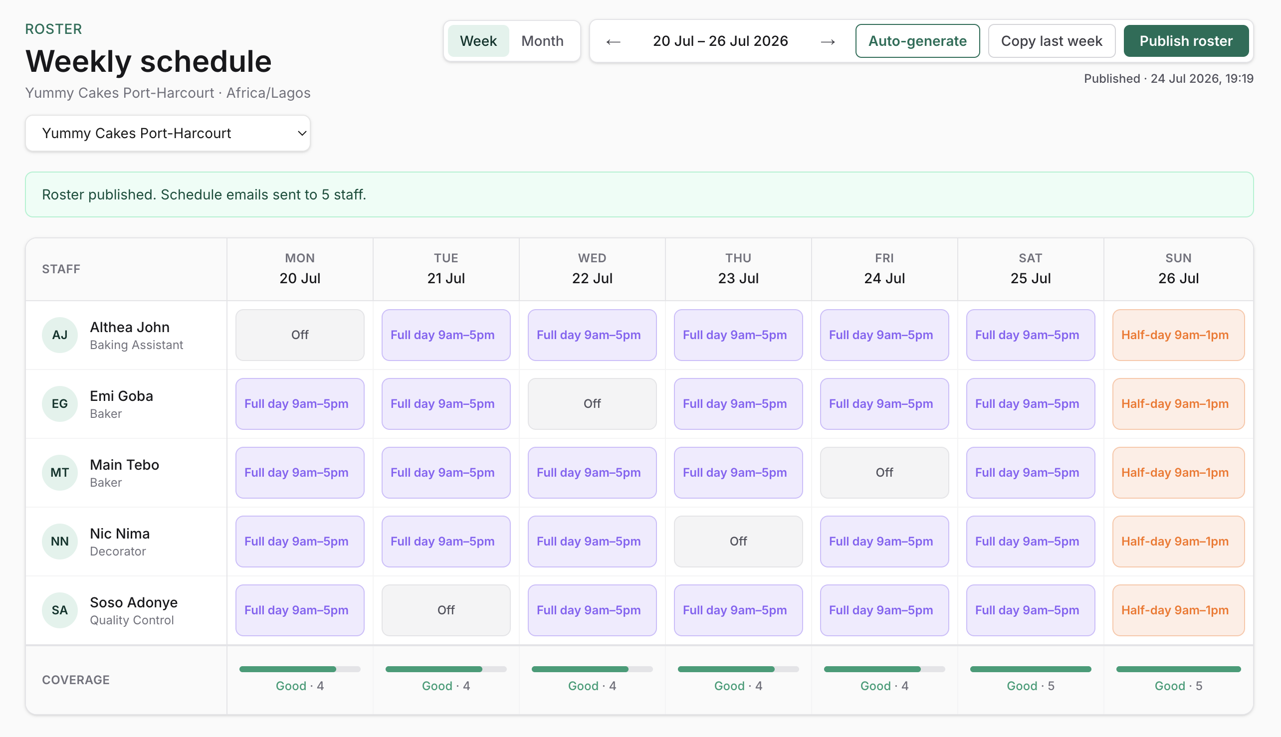 RotaChief weekly roster schedule showing published shifts and coverage status.