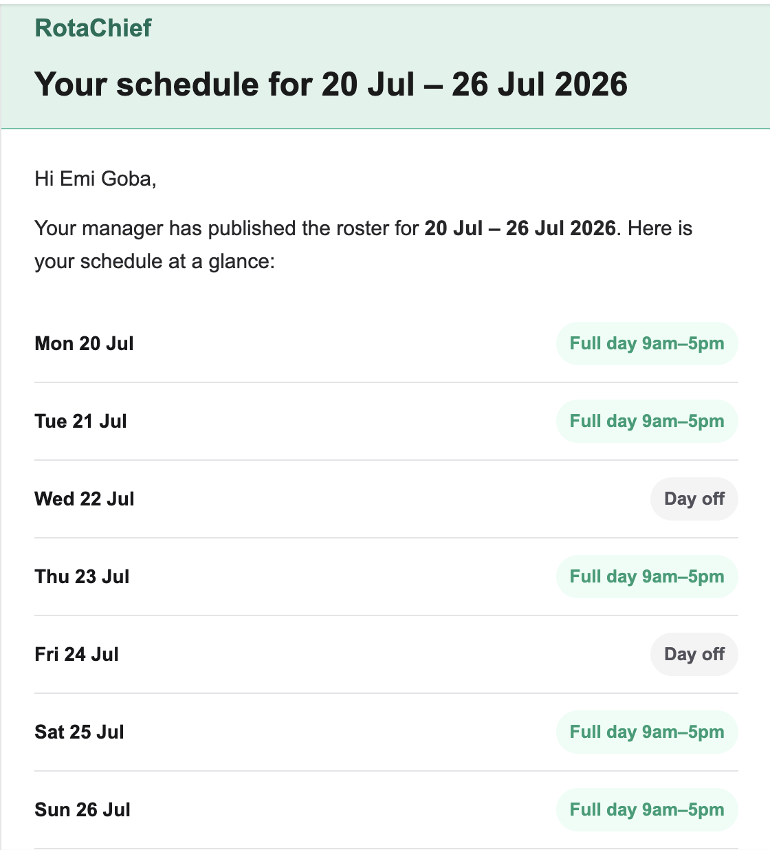 Staff schedule notification email sent automatically when a roster is published